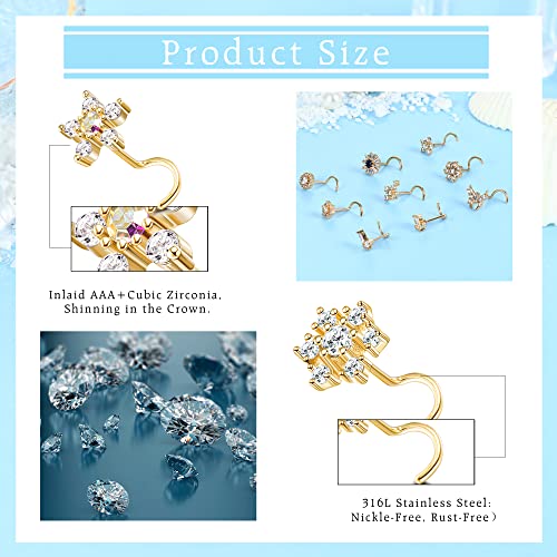 Ubjuliwa 9Pcs 20G Stainless Steel Nose Rings and Studs - L Shape Bone Screw for Women Men - Cubic Zirconia Moon Star Flower Butterfly Piercing Jewelry3