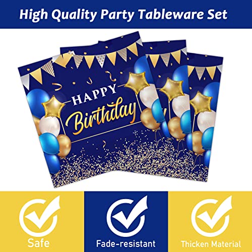 Image of gisgfim 96 Pcs Blue and Gold Birthday Plates and Napkins Party Supplies Navy Blue Party Tableware Set Happy Birthday Decorations Favors for Men Women for 24 Guests