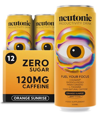 Neutonic Nootropic Productivity Energy Drink | Orange Sunrise 12 Cans | 120mg Natural Caffeine, Zero Sugar | Support Energy, Mental Performance, Cognitive Function | Support Focus, Brain Health