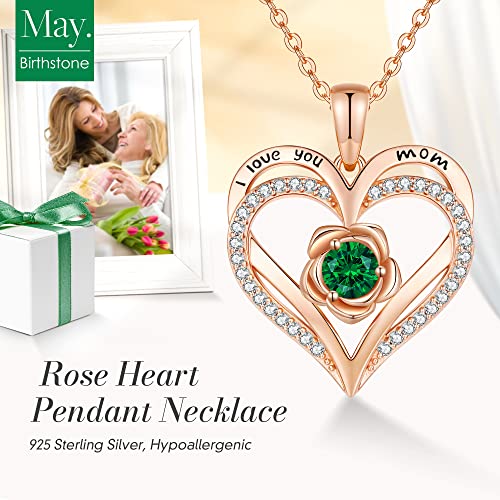 Cde Mother's Day Jewelry Gifts For Mom Rose Heart Pendant Necklaces For Women 925 Sterling Silver Rose Gold Flower Love Heart Necklace With Birthstone For Her Birthday Christmas Anniversary (I Love You Mom-05-May-Emerald Green) #TOP2