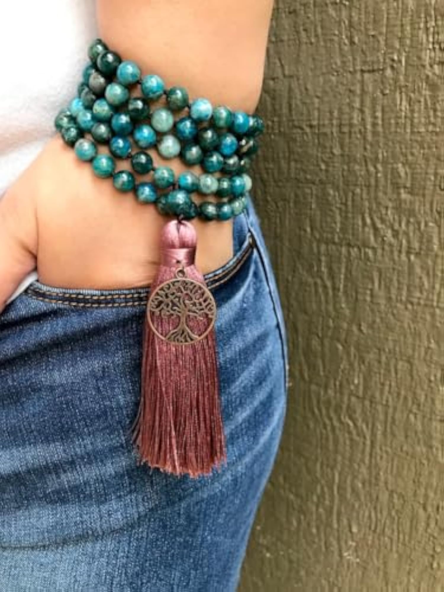 Natural Apatite 108+1 Beads Handmade Prayer Mala Necklace