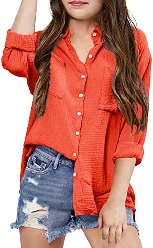 Saudacdn Girls Button Down Shirts Long Roll Up Cuffed Sleeve Collared Blouses Casual Cotton Tops with Pockets Orange
