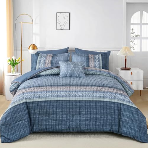 Image of Dintszyayue Blue Comforter Set King Size, 8 Pieces Boho Striped Bed in a Bag Soft Microfiber Bedding Set for All Season