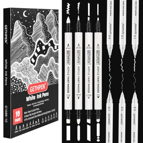 Image of GETHPEN White Ink Pens Set, Gel Pen & Dual-Tip Acrylic Markers 10 Pack