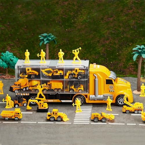 JOYIN 25-in-1-Spielzeugset aus Druckguss-Baufahrzeugen (einschließlich Transporter, Bagger, Kipper, Traktor) mit Geräuschen und Lichtern im Transporter, Kindergsgeschenke für Jungen ab 3 Jahren