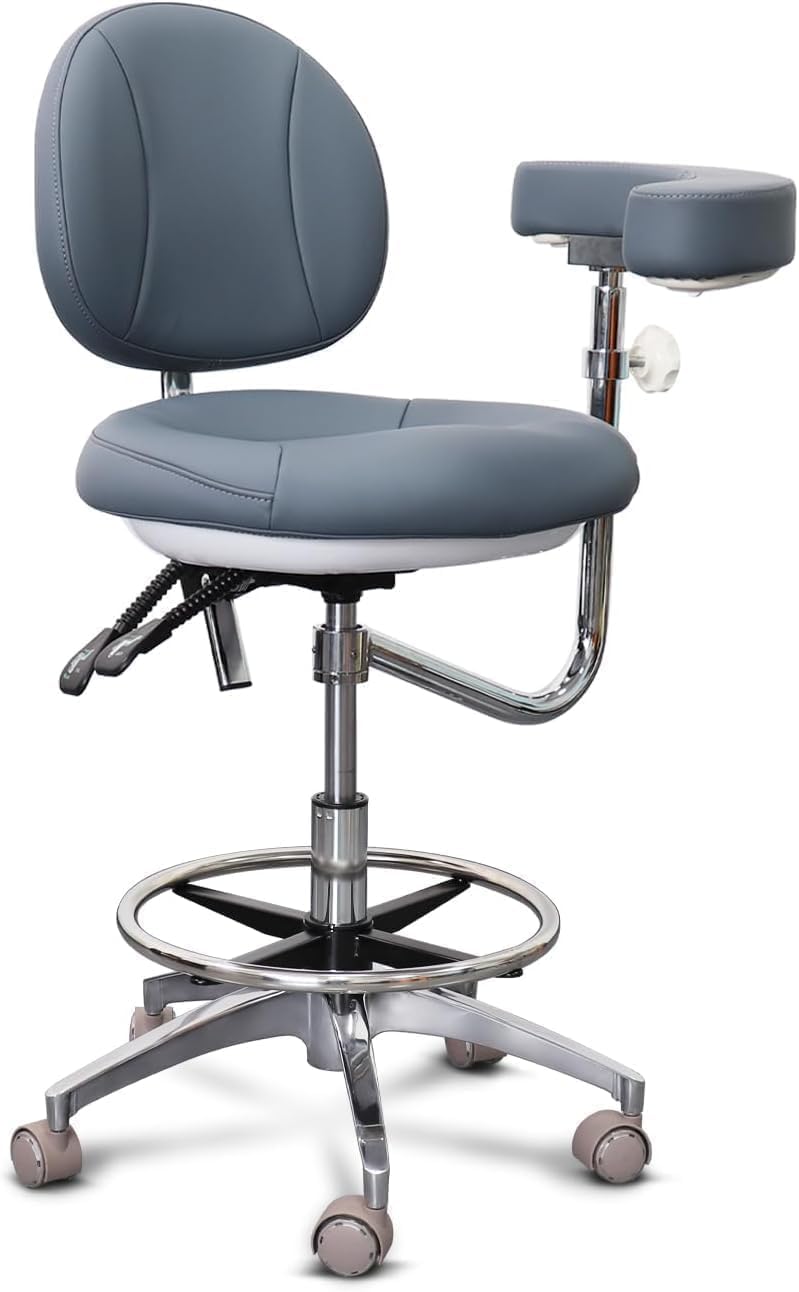 Medical Dental Assistant Chair with Rotatable Armrest Rolling Medical Chair Ergonomic Swivel Seating Back Support Dentist Stool for Clinics, Dental Offices, Labs-Gray Blue