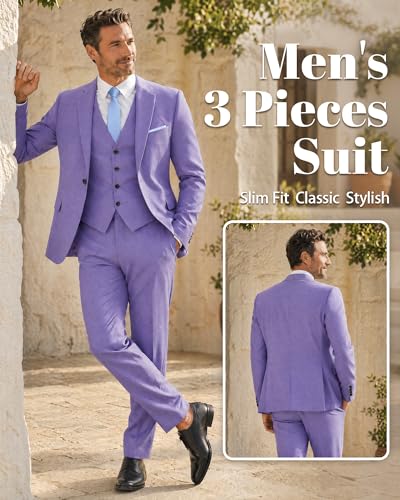 Image of MY'S Men's 3 Piece Suit Set with Tie, One Button Slim Fit Solid Jacket Vest Pants, Prom Party Wedding Business Suits for Men