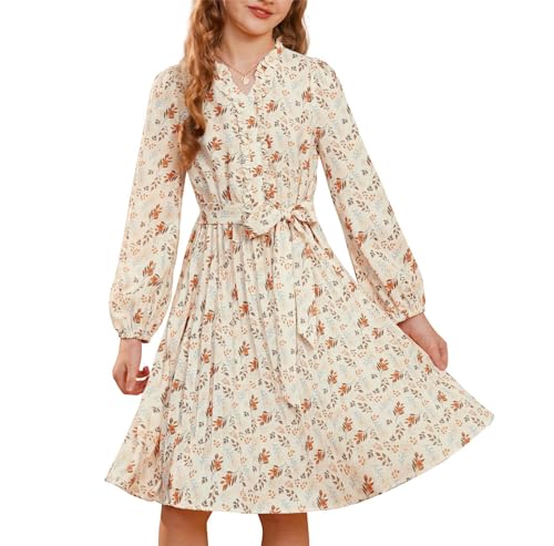 GRACE KARIN Mädchen Klassisches Langarmkleid mit Blumenprint Elastische Taille Plisseerock Aprikose unten Orangefarbene 12 Jahre