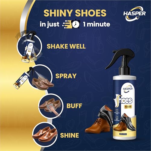 Image of HASPER Shoe Shine Polish - Instant Boot & Leather Polisher with Applicator | Neutral, Black & White Wax Shiner for Men, School Shoes & All Colours | Liquid Shoe Shinner for Natural Finish - 250 ML