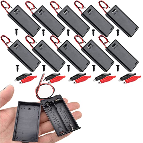RUNCCI-YUN 10Pcs AA 2 x 1.5 V Portapilas Caja de Soporte de Batería Caja de Almacenamiento de Batería de Plástico DIY AA Portapilas con Cables de Interruptor+ 10 Pinzas de Cocodrilo(Negro)