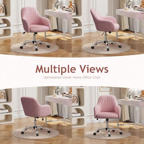 Image of AZAKEE Velvet Office Chair with Wheels & Armrests - Mid-Back Swivel Desk Chair for Home Office, Study, Bedroom & Vanity - Adjustable Height, Comfortable & Stylish (Pink)