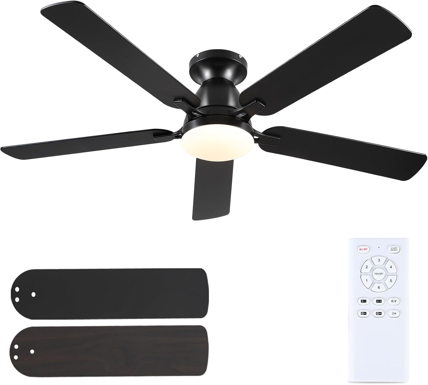 Ceiling Fans with Lights and Remote, 52 Inch Black Ceiling Fan with Light Flush Mount, Modern Indoor Low Profile Ceiling Fan for Bedroom Living Room, Quiet DC Motor, Reversible, Dimmable