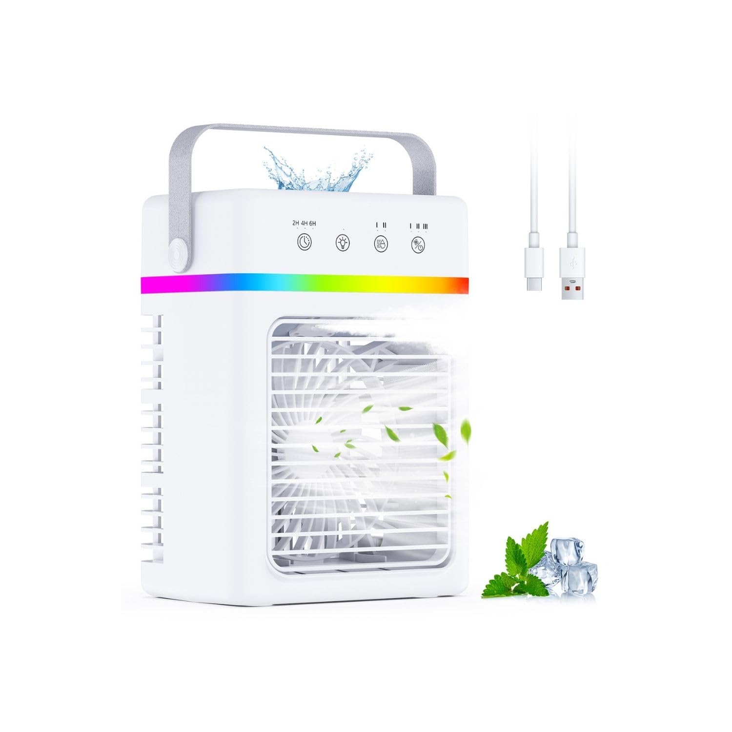 Climatiseur Portable Capacité de 900ML - Refroidisseur d’Air 3 Puissances d’Air, Climatiseur Mobile avec 2 Intensités de Nébulisation, Minuterie 2/4/6 Heures, Alimentation USB, Lumière d’Ambiance RGB