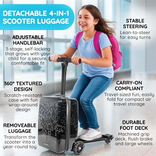 Teen Totes Detachable 4-in-1 Scooter Luggage for Kids – Ride-On Suitcase with Removable Luggage Body, Adjustable Handlebar, Durable Deck & Brake, Carry-On Size – Travel & Play2