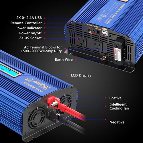Power Inverter 2000w DC 12V to AC 120V ETL UL458 Compatible with Lithium Battery for Off-Grid Solar Car RV Truck Boat with LCD Display Remote Control 2 AC Outlets Dual 2.4A USB Ports by VOLTWORKS