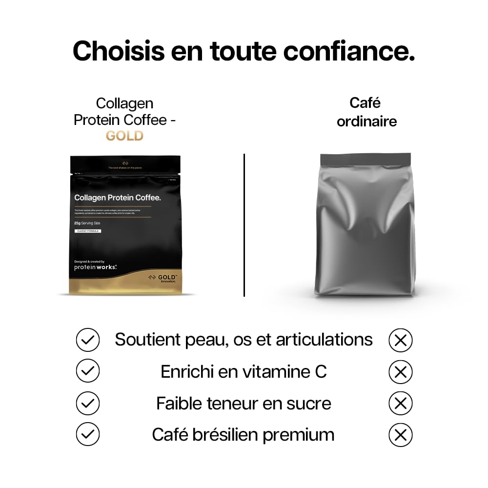 Protein Works | Café Protéiné au Collagène – GOLD Innovation, Collagène Bovin, Café Brésilien avec Collagène Hydrolysé & Vitamine C, Peptides Type 1 & 3, Latté au Caramel, 19 Portions, 475g