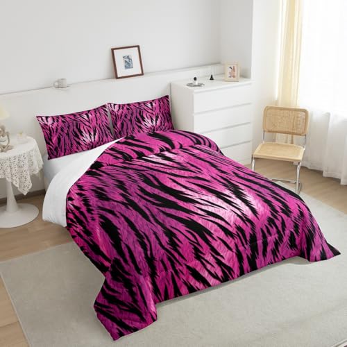 Image of Feelyou Zebra Stripe Comforter Set King Kids Boys Girls Hot Pink Zebra Bedding Set Wild Animal Bedding Set Skin Fur Print Duvet Set 3Pcs