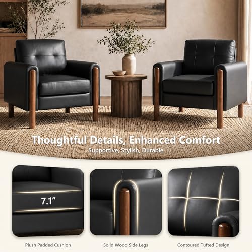 Image of STHOUYN 35 inch Black Leather Oversized Accent Chair Set of 2 with Wood Armrests, Mid-Century Modern Tufted Living Room Chair, Comfy Reading Sofa Chair Lumbar Support Thick Cushion Waiting Room Office