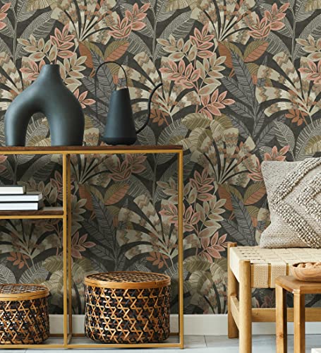 GAULAN 500681999 - Papel pintado vinílico de hojas étnicas fondo negro con texturas estilo tropical para pared salón cocina baño dormitorio comedor - Muestra DIN A4