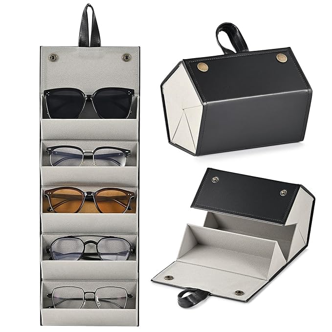 Cheet enterprise 5-Slot Foldable Sunglasses Organizer Case - Travel Eyewear Storage Box for Men and Women, Portable Eyeglass Holder with Magnetic Closure, Protective Specs Display (Black)