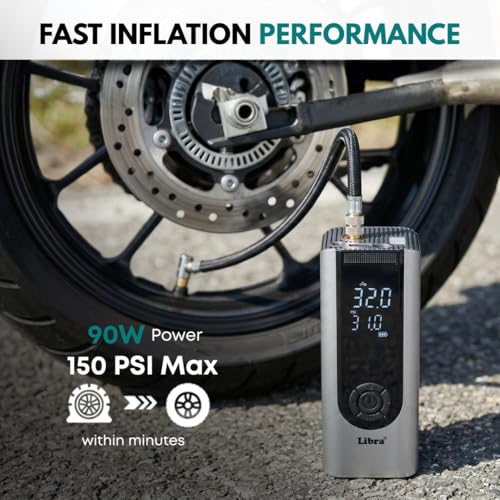 Image of Libra Cordless Tyre Inflator for Car & Bike | 150 PSI, 5400mAh Battery | Smart Auto Cut-Off, Preset Modes, LED Torch | Air Pump for Cars, Bikes, Cycles & Balls