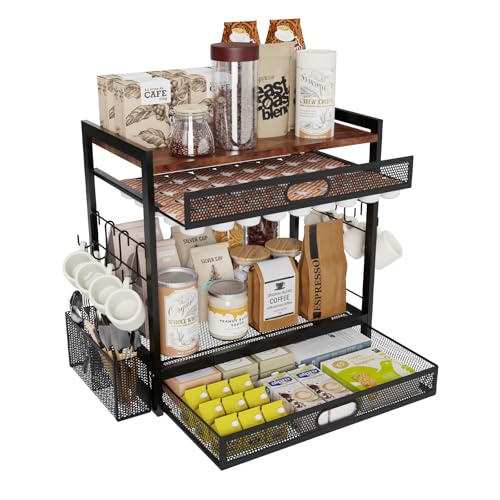 Coffee Bar Organizer Station with CoffeePod Drawer Mug Cup Holder