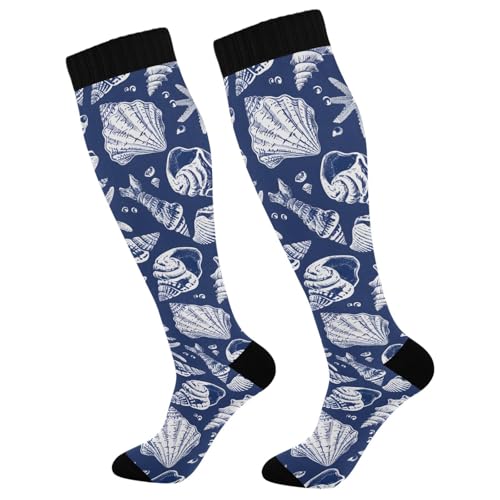 MFTJYO Shells Starfish Beach Blue Women's Compression Socks for Women Men Knee High Socks Long Circulation for Athletic Running