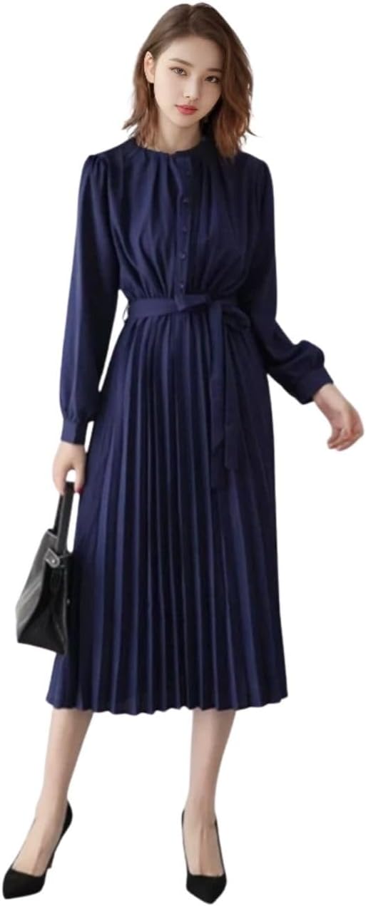 Blue Beryl   Our Original Color Womens Chiffon Long Pleated Dress, Long Sleeves, High Waist, Waist Ribbon, Band Collar, Flare, Spring, Fall BB054