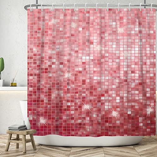 ASDCXZ Duschvorhang Glitzer 180x200 cm, Glitzer Rot Weiß Kariert Geometrie Motiv Wasserdicht Textil Bad Duschvorhänge Waschbar Polyester Stoff Duschvorhang für Badewanne mit 12 Duschvorhang Hake Cover