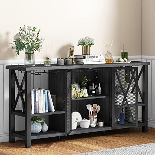 HOMYSHOPY-Wine-Bar-Cabinet-with-Glass-Holder-Liquor-Cabinet-with-Detachable-Wine-Rack-Buffet-Sideboard-Wine-Rack-Table-with-Mesh-Door-for-Living-Room-Kitchen-and-Dining-Room-Grey