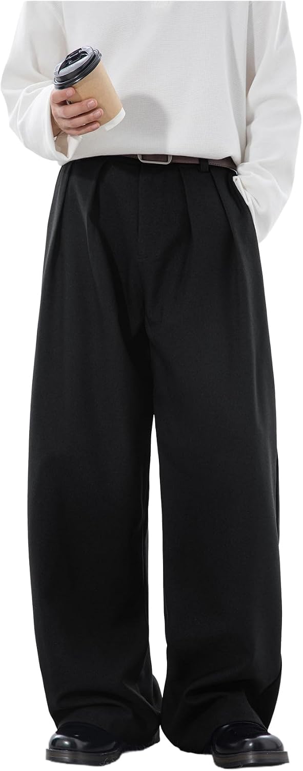 Mens Wide Leg Dress Pants Casual Pleated Elastic Waist Baggy Long Trousers
