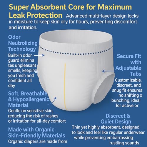 Image of Dual-Core Premium Adult Diaper Pants - Medium (10 Count) | High Absorption, No Bulk | 12-Hour Leak Protection | Soft, Rash-Free Fit | Waist 75-100 cm (30-40 inch) | Unisex | Organic