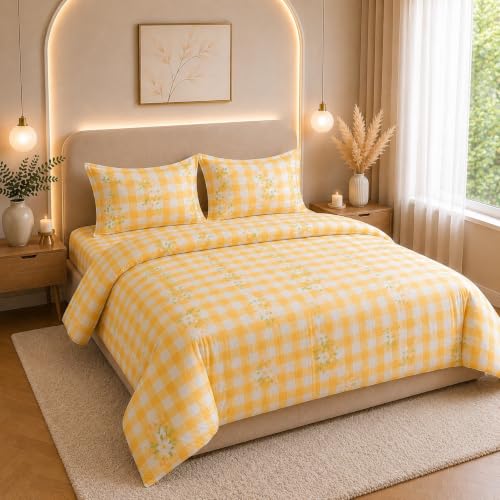 Image of THE HOME STYLE Supersoft Glace Cotton Elastic Fitted All Around King Size Printed Double Bedsheet with 2 Pillow Cover & King Size Comforter /Duvet /Blanket (72 inchx78 inch + Comforter, Daisy Sunshine Check)