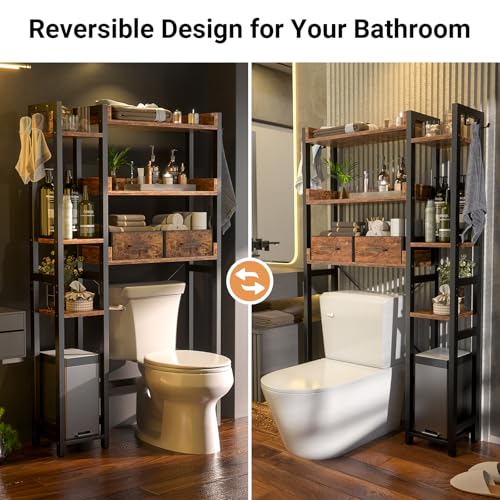 Over The Toilet Storage with 2 Drawers - 7 Tier Bathroom Organizer with Adjustable Shelf, Freestanding Space Saver Storage Rack Above Toilet Stand with 4 Hooks for Restroom, Laundry, Rustic Brown