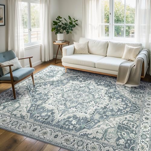 Boho Area Rug 6x9 Washable Large Vintage Rug for Living Room Bedroom Office Kitchen Entrance Dining Room Non Slip Soft Low-Pile Farmhouse, Canal Blue/Multi