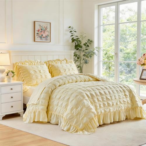 Flysheep Yellow Plaid Seersucker Comforter Set with Ruffled Fringe Queen Size 3 Pieces Lightweight Soft Fluffy Farmhouse Bedding Set for All Season Elegant Bed Set with Ruffle Shams (Yellow Queen)