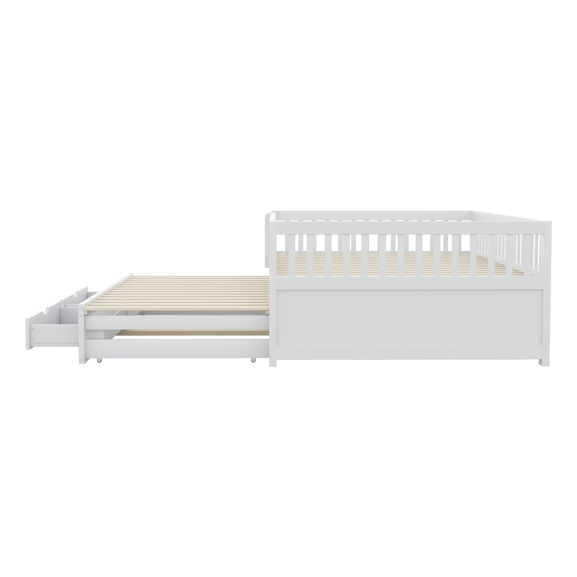 Sofa do spania z litego drewna 140 x 200 cm, w pełni wyściełana kratka bezpieczeństwa, wysuwane łóżko z 2 szufladami pod spodem, ze stelażem, łóżko dziecięce, łóżko młodzieżowe, łóżko dla