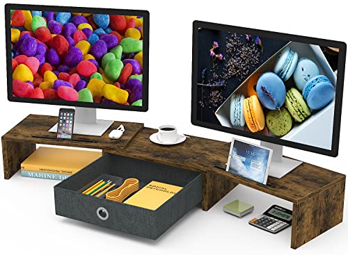 Image of WESTREE Dual Monitor Stand Riser with Drawer, 3 Shelf Computer Monitor Riser with Adjustable Length and Angle, Desktop Monitor Stand Riser Storage Organizer for 2 Monitors