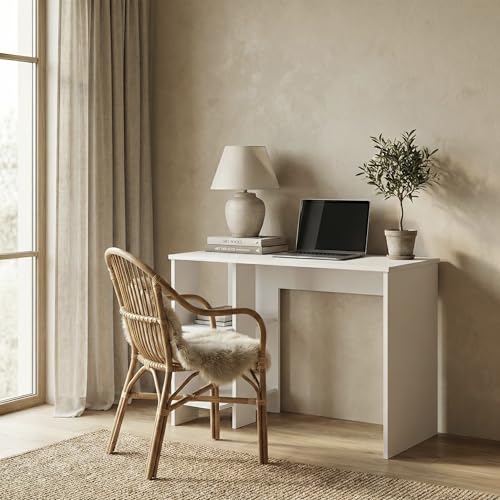 Image of Breeze Minimalist Study Table with 2-Tier Side Shelves, Modern White Computer Desk for Home Office & Students, 100x50x77cm (Arctic White)