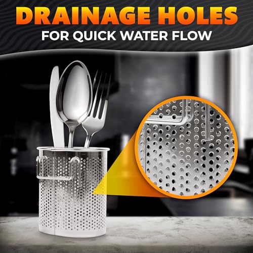 Image of Chopstick Dishwasher Basket 3.5x2.7x3.9 inch - Stainless Steel Chopstick Holder for Dishwasher with Hooks, Oval Design Rust-Resistant Perforated Utensil Caddy for Straws, Teaspoons & Small Kitchen Tools