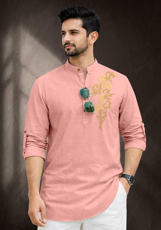 Image of Cotton Blend Self Design Printed Casual Short Kurta for Men Long Sleeve Mandarin Collar Stylish Kurta Shirt for Men