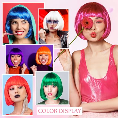 Image of MEEZY 2 Pcs Colorful Bob Wigs with Bangs Pink Sky Blue for Women, Neon Funny Wig Short Bob Hair with Heart Sunglasses Hair Cap for Halloween Costume Cosplay Birthday Bachelorette Party Carnival