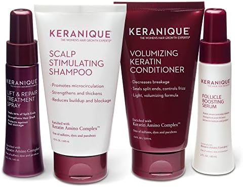 Volumizing Hair Growth System by Keranique includes Keratin Shampoo, Conditioner, Follicle Boosting Hair Growth Serum and Instant Volume Lift and Repair Treatment Spray Paraben Sulfate Free