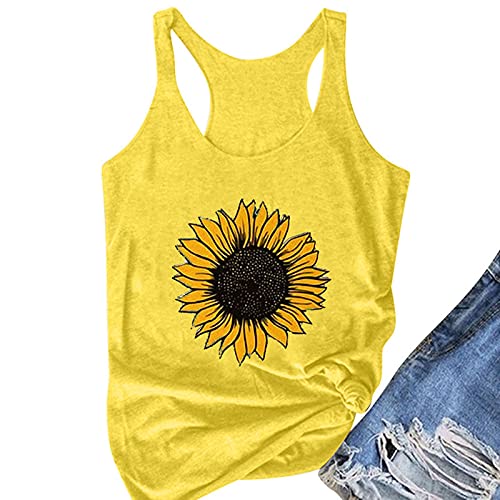 Womens Summer Sunflower Graphic Tank Tops, Daisy Sleeveless Camisole Vest Casual Baggy Basic Tee Shirts Cute Printed Yoga Running Workout T-Shirt Blouse Teen Girls(Yellow,Large) #TOP3