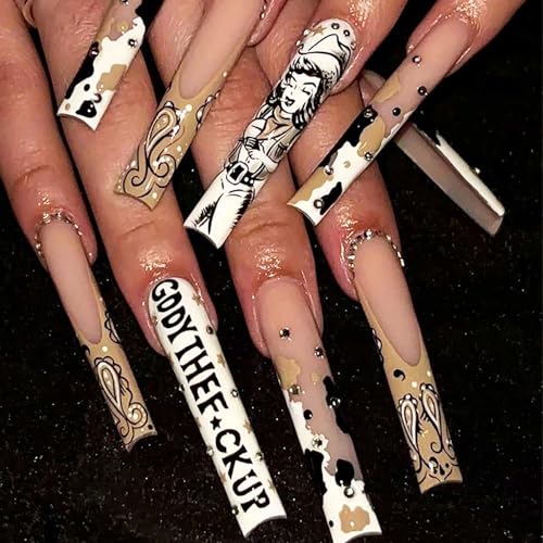 Rilafuvu XXL Press on Nails Extra Long Fake Nails Ombre Cow color Nails press ons Glue on Nail Acrylic Nail Glossy Coffin False Nails for Women 24Pcs (cowboy long square nails)