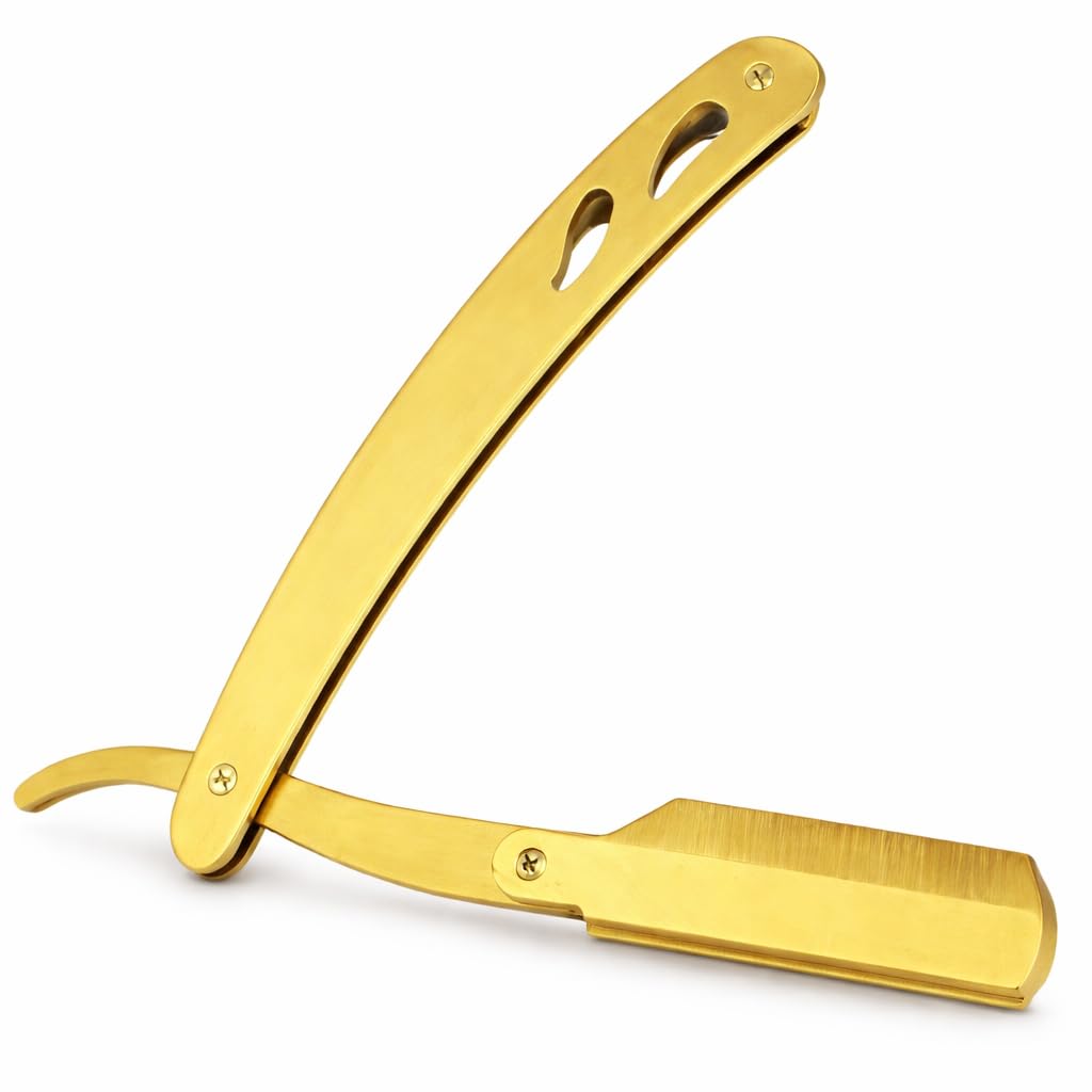 (Made in Dubai) Straight Edge Barber Folding Shaving Razor Matte Golden Folding Straight Razor Stainless Steel Gold