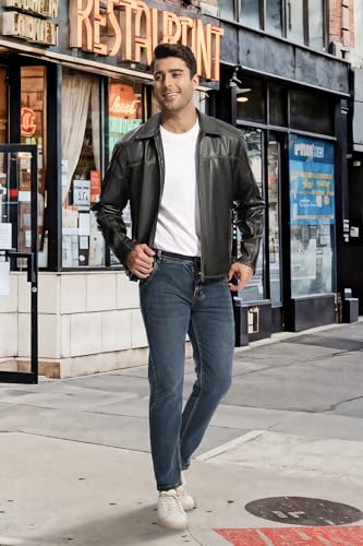 Fahsyee Leather Jacket Men Faux Lightweight Bomber Jackets Mens Motorcycle Vintage Lapel Coats with Zipper and Pockets2