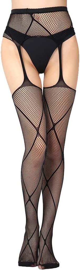 Black Suspender Fishnet Stockings, Sexy Lingerie One-Piece Suspenders, Long Lace Stockings for Women 2 Pairs