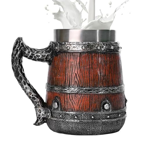 Nuytghr Jarra de cerveza, vaso medieval de doble pared, 550 ml, barril de madera simulada, taza de acero inoxidable | Vasos hechos a mano en forma de cubo, accesorios para beber cerveza para hombres
