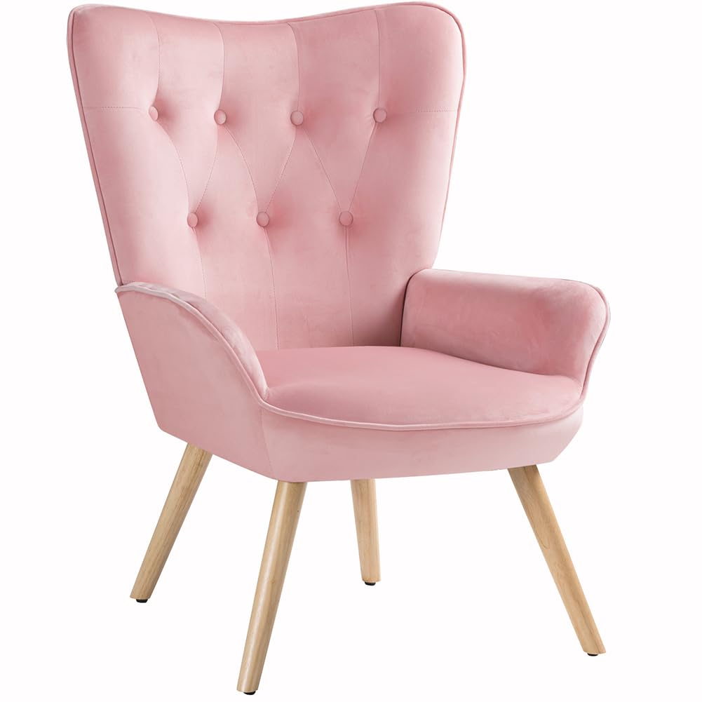 BAKAJI Poltrona con Sgabello da Soggiorno, Poltroncina con Pouf Poggiapiedi da Salotto, Sedia per Camera da Letto Imbottita con Rivestimento in Velluto Morbido, Braccioli Alti, Design Moderno (Rosa)